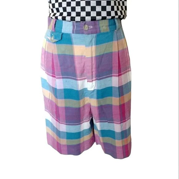 VTG 80s Colorful Plaid Ultra High Rise Cotton Mom Shorts Size 12 *fits like Med - Picture 5 of 15